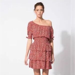 Maje Paris Rafia Print Mini Dress with Smocked Waist. Orange/Blue. Size Medium.